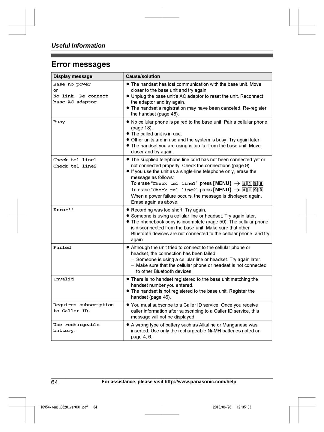 Panasonic KX-TG9542, KX-TG9541 operating instructions Error messages, Display message, Base no power or, Cause/solution 