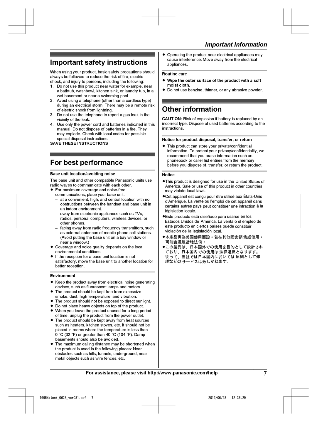 Panasonic KX-TG9541, KX-TG9542 operating instructions Important safety instructions 