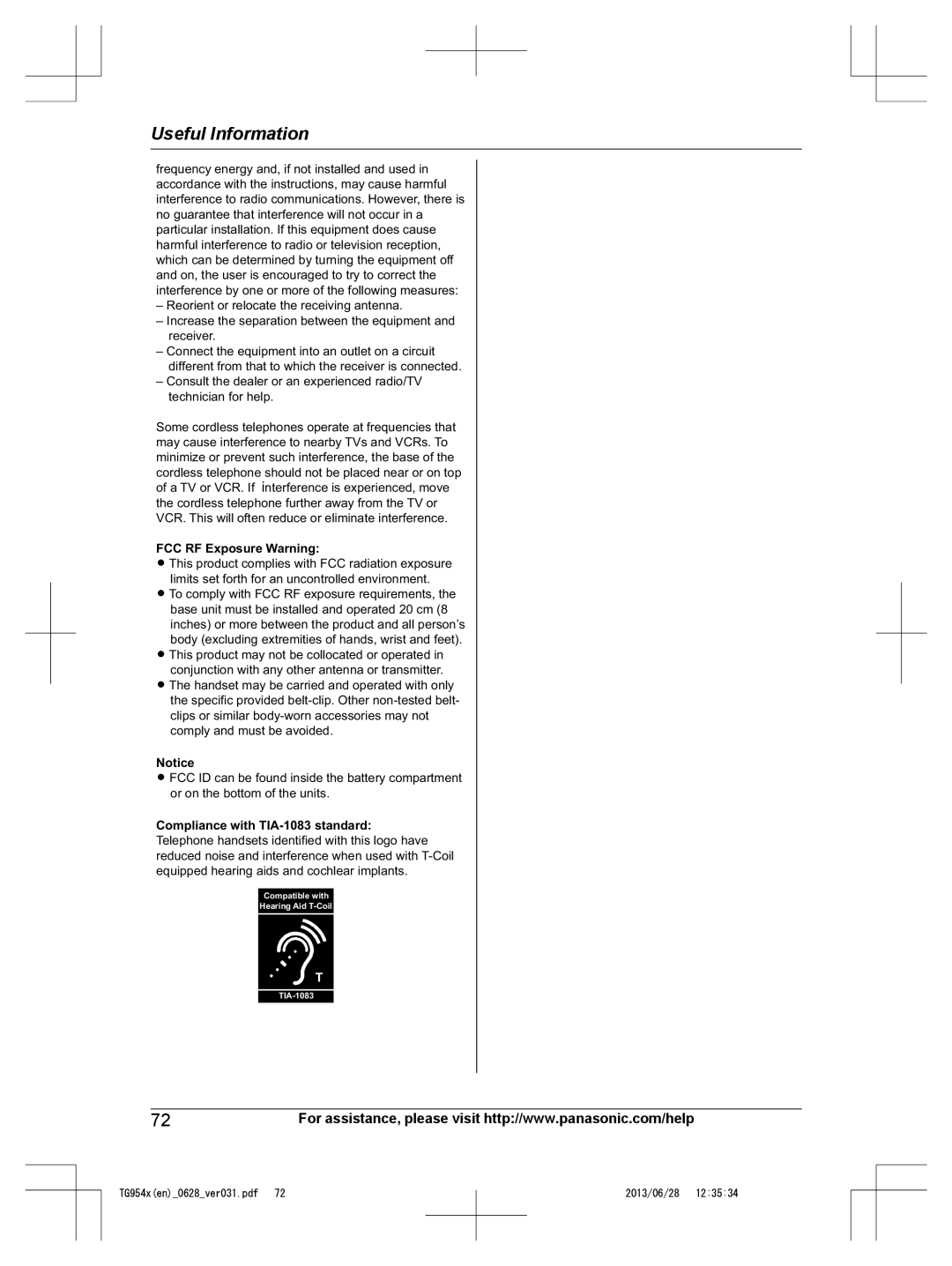 Panasonic KX-TG9542, KX-TG9541 operating instructions FCC RF Exposure Warning 