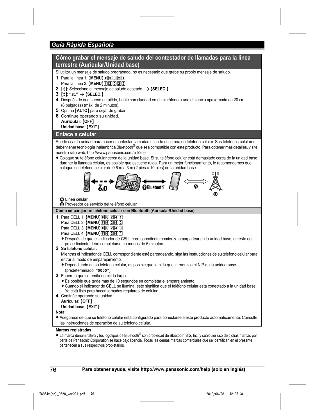 Panasonic KX-TG9542, KX-TG9541 Su teléfono celular, Auricular OFF Unidad base Exit Nota, Marcas registradas 