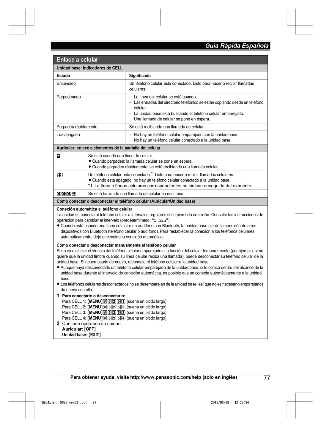 Panasonic KX-TG9541, KX-TG9542 Estado Significado, Auricular enlace a elementos de la pantalla del celular 