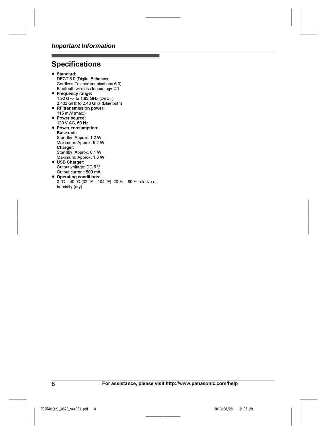 Panasonic KX-TG9542, KX-TG9541 operating instructions Specifications 