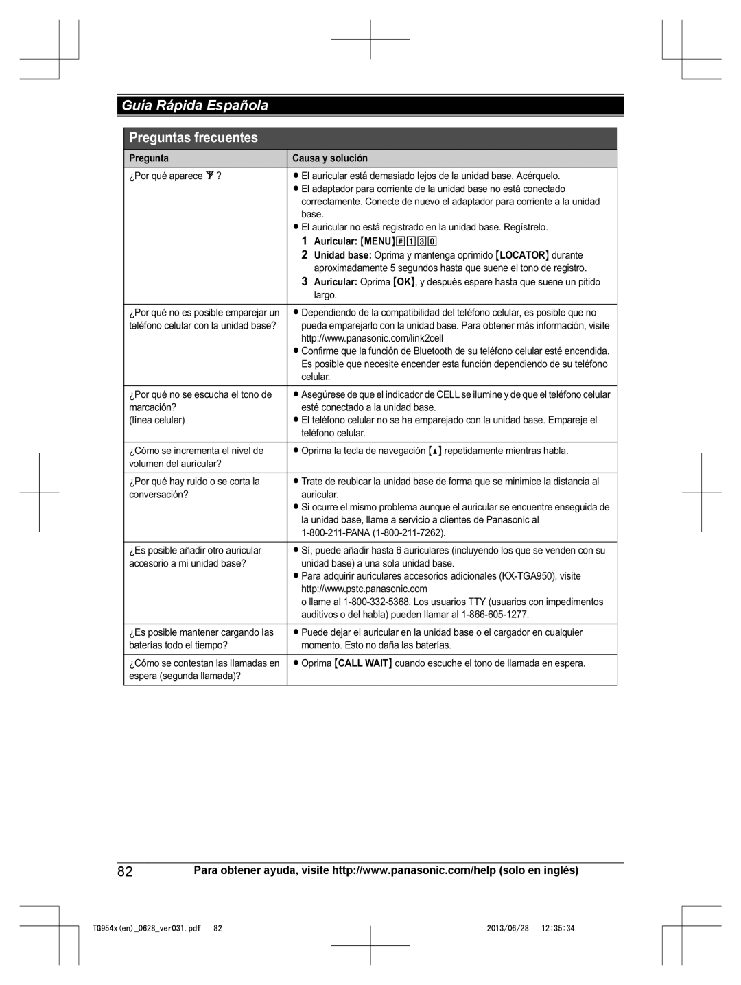 Panasonic KX-TG9542, KX-TG9541 operating instructions Pregunta Causa y solución, Auricular Menu 