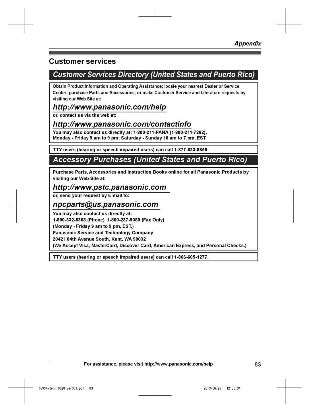 Panasonic KX-TG9541, KX-TG9542 Customer services, Customer Services Directory United States and Puerto Rico 