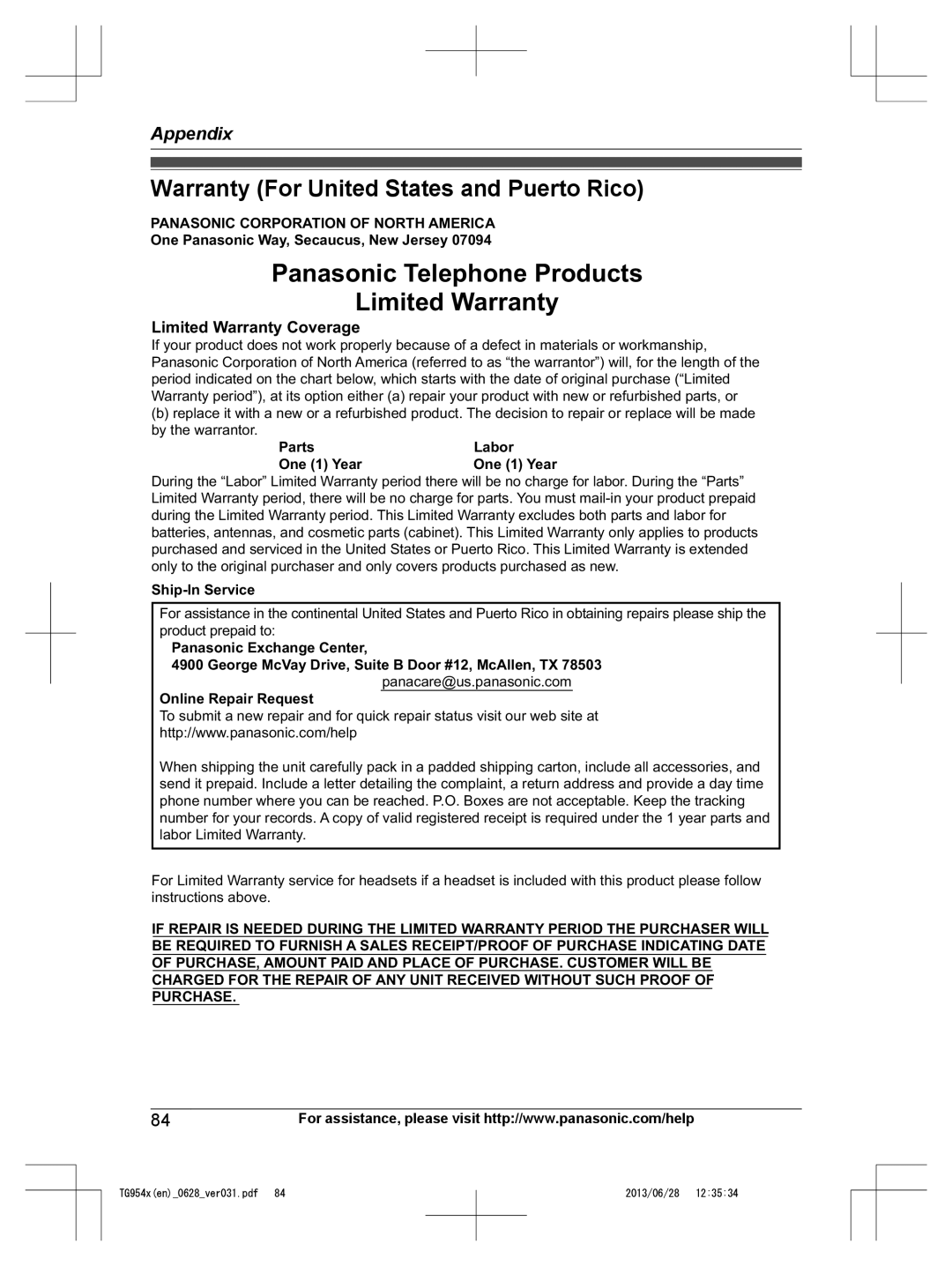 Panasonic KX-TG9542, KX-TG9541 Warranty For United States and Puerto Rico, Panasonic Corporation of North America 