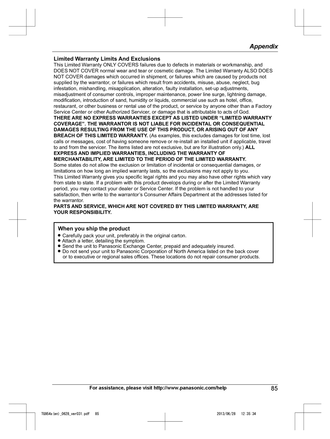 Panasonic KX-TG9541, KX-TG9542 operating instructions Limited Warranty Limits And Exclusions 