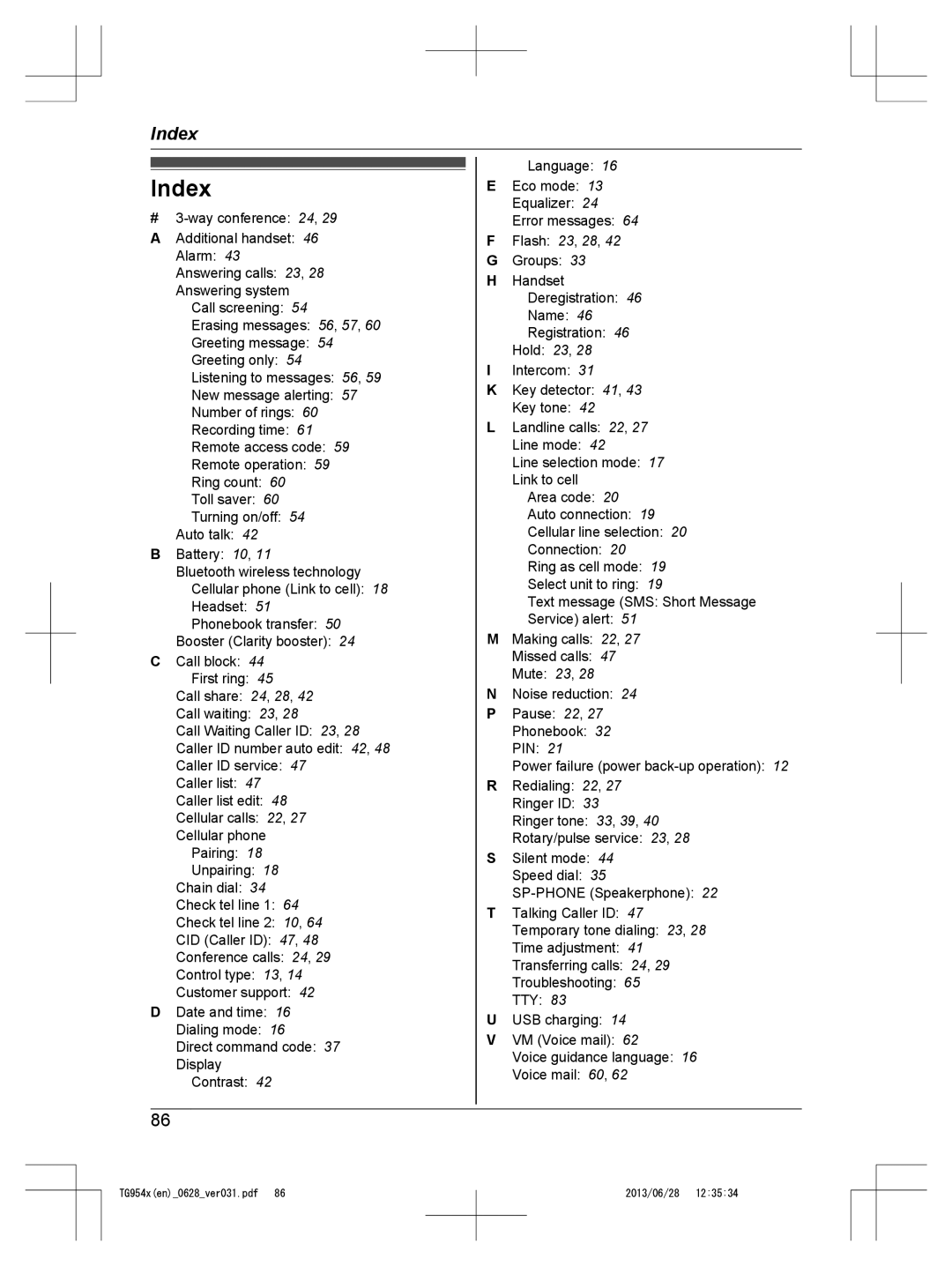 Panasonic KX-TG9542, KX-TG9541 operating instructions Index 