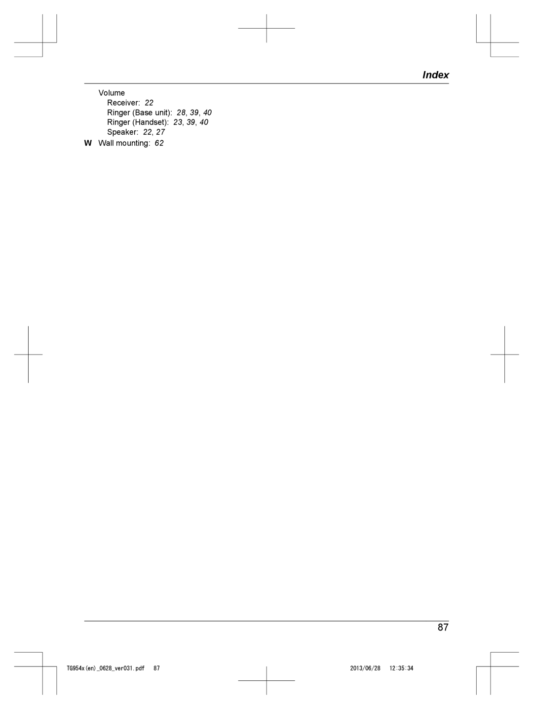 Panasonic KX-TG9541, KX-TG9542 operating instructions Index 