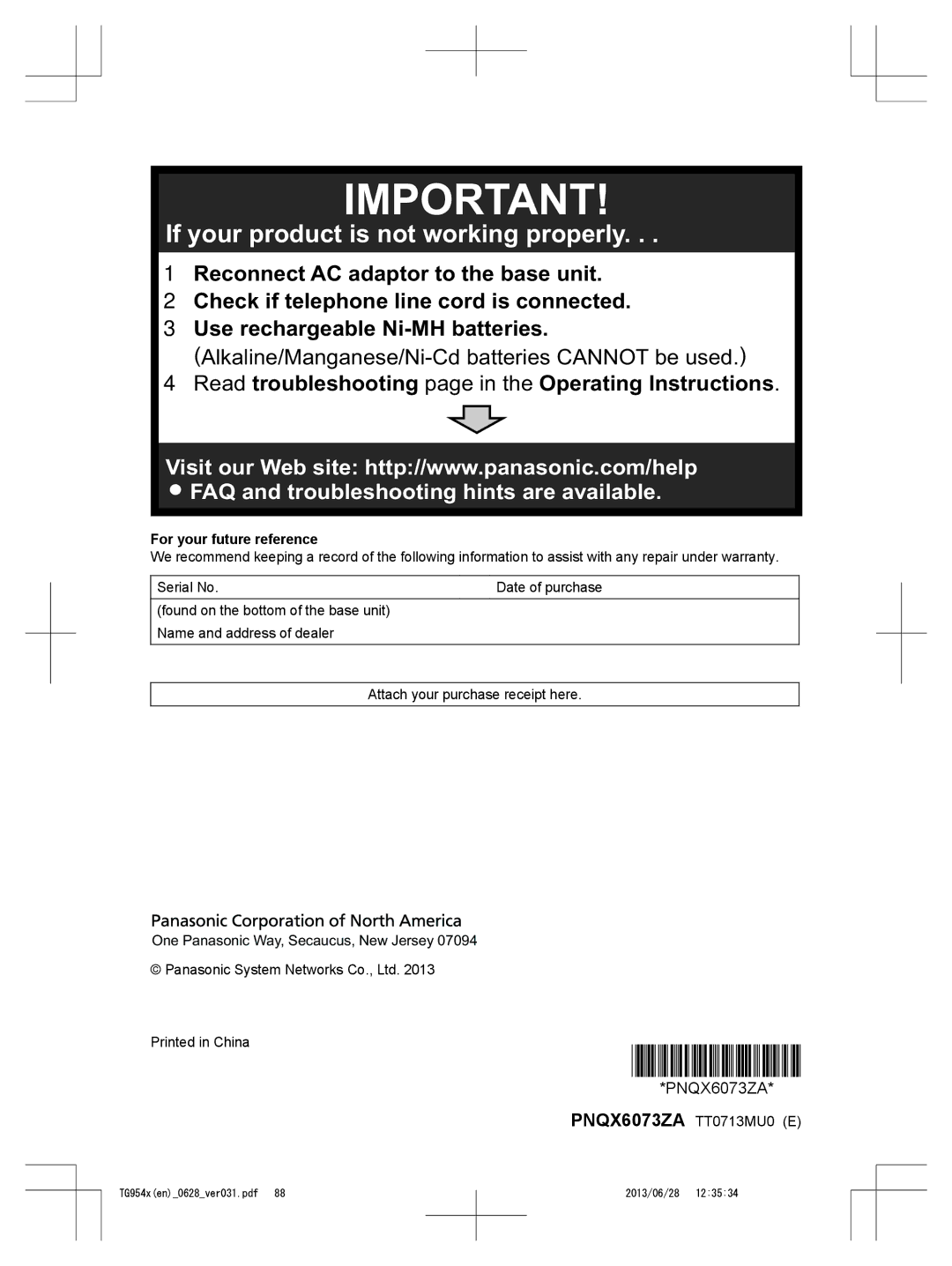 Panasonic KX-TG9542, KX-TG9541 operating instructions For your future reference, PNQX6073ZA TT0713MU0 E 