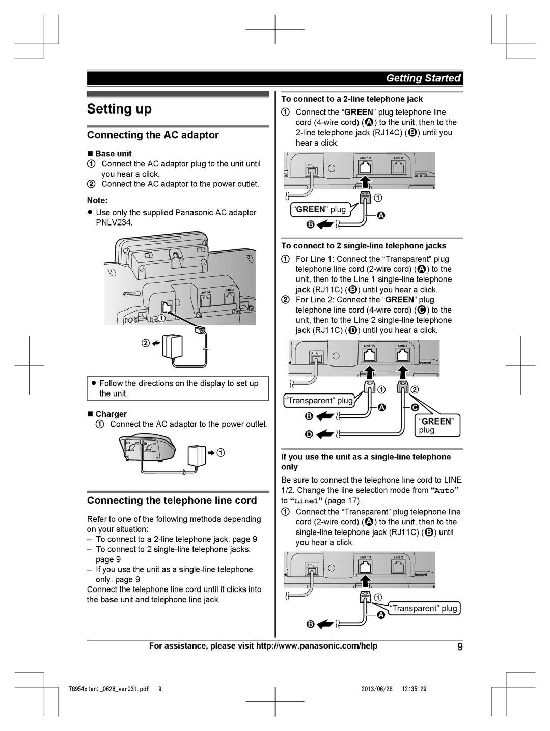 Panasonic KX-TG9541, KX-TG9542 Setting up, Connecting the AC adaptor, Connecting the telephone line cord, Green 