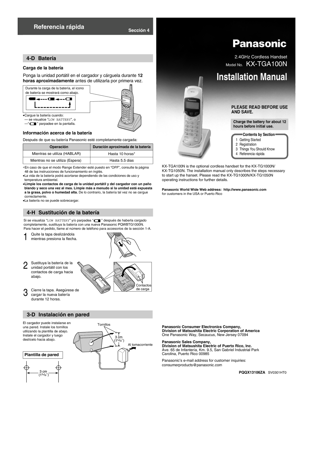 Panasonic kx-tga100n installation manual Batería, Sustitución de la batería, Instalación en pared, Carga de la batería 