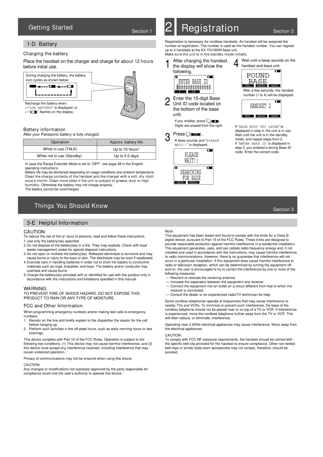 Panasonic kx-tga100n installation manual Registration, Please Wait, Handset, Searching For Base 