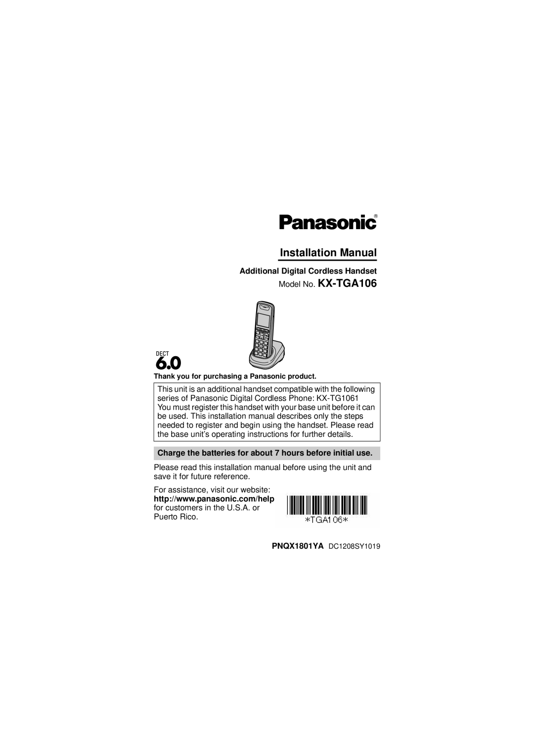 Panasonic KX-TGA106 installation manual Installation Manual, Thank you for purchasing a Panasonic product 