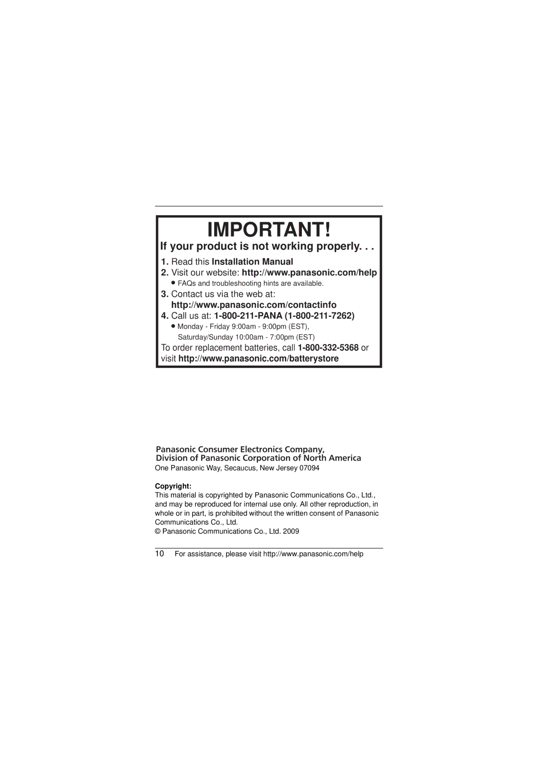 Panasonic KX-TGA106 If your product is not working properly, Read this Installation Manual, Call us at 1-800-211-PANA 