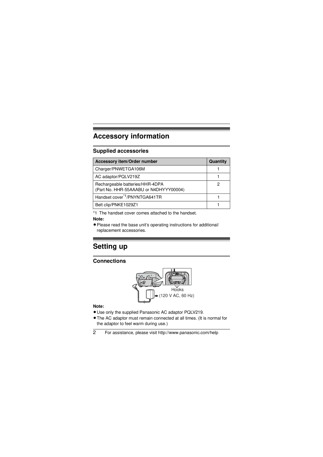 Panasonic KX-TGA106 installation manual Supplied accessories, Connections, Accessory item/Order number Quantity 