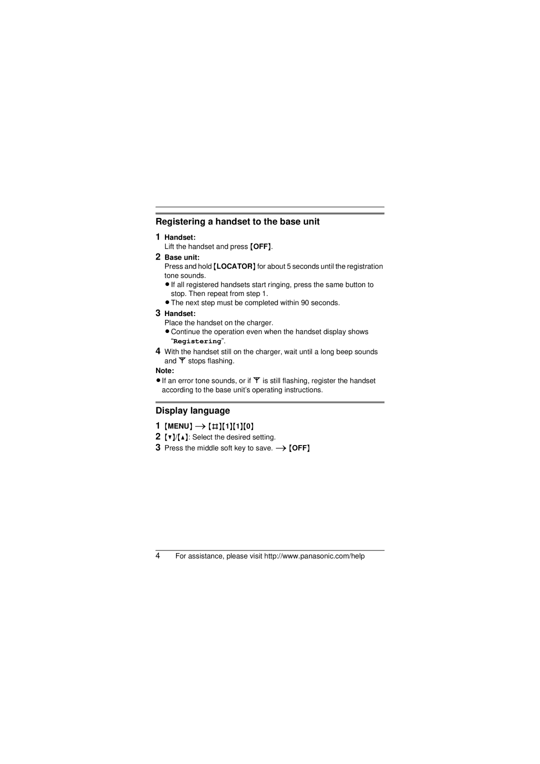 Panasonic KX-TGA106 installation manual Registering a handset to the base unit, Display language, Handset, Base unit 