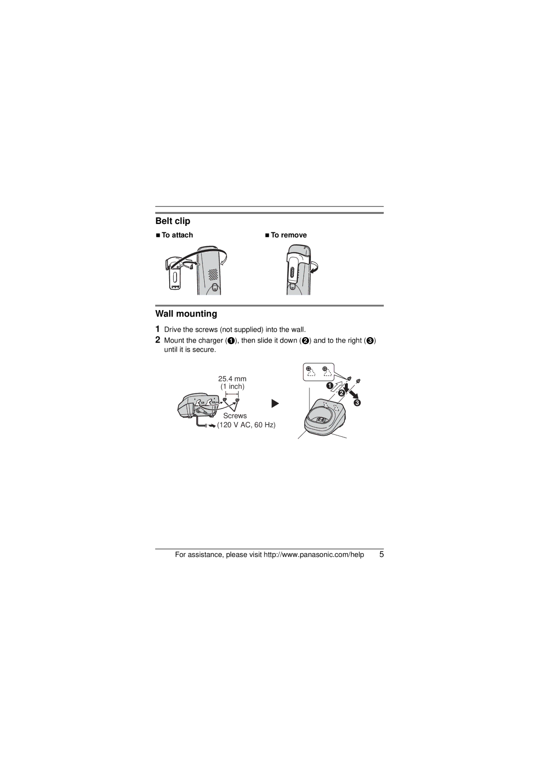 Panasonic KX-TGA106 installation manual Belt clip, Wall mounting, NTo attach 