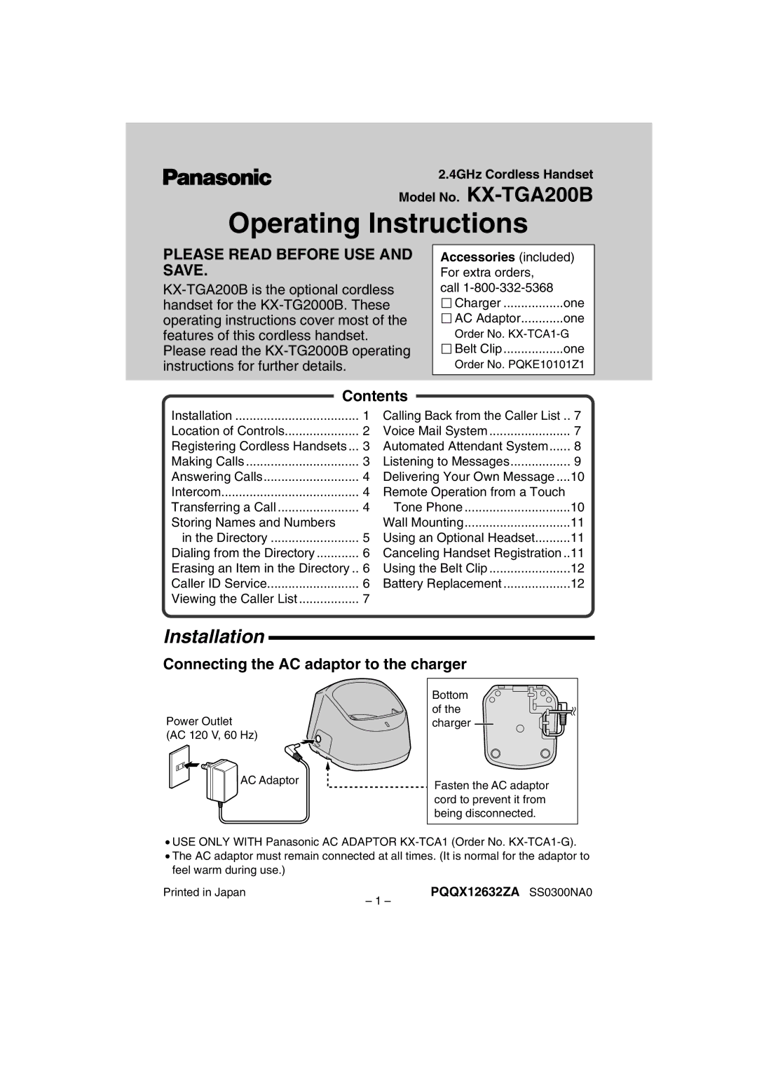 Panasonic KX-TGA200B operating instructions Installation, Contents, Connecting the AC adaptor to the charger 