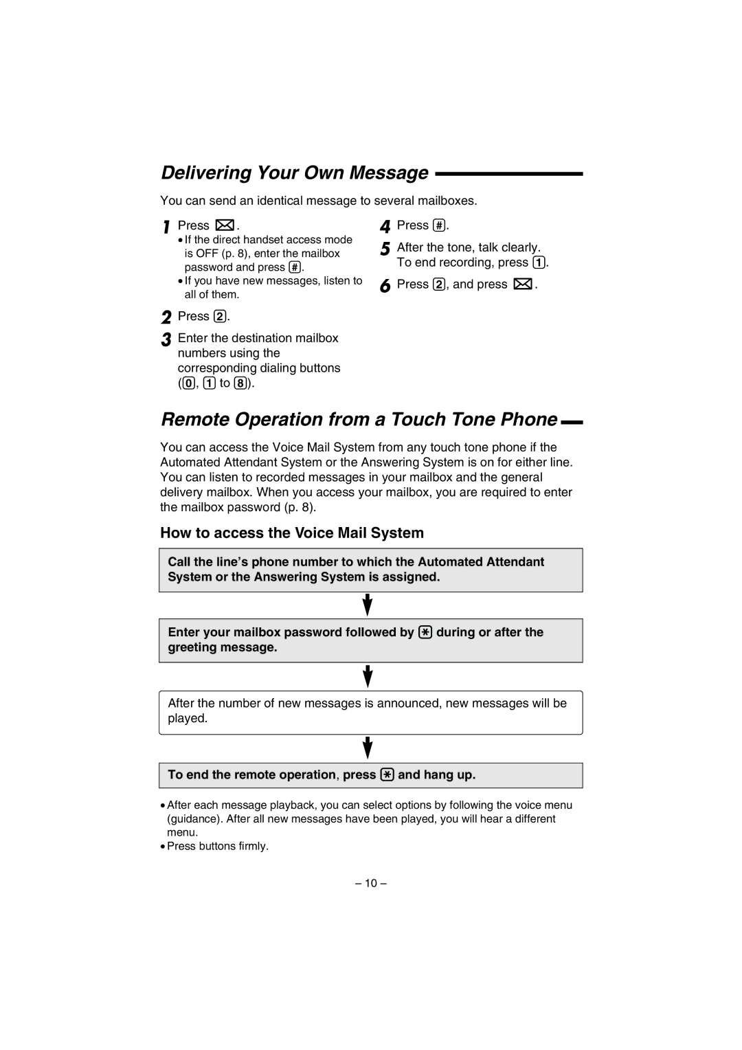 Panasonic KX-TGA200B operating instructions Delivering Your Own Message, Remote Operation from a Touch Tone Phone 