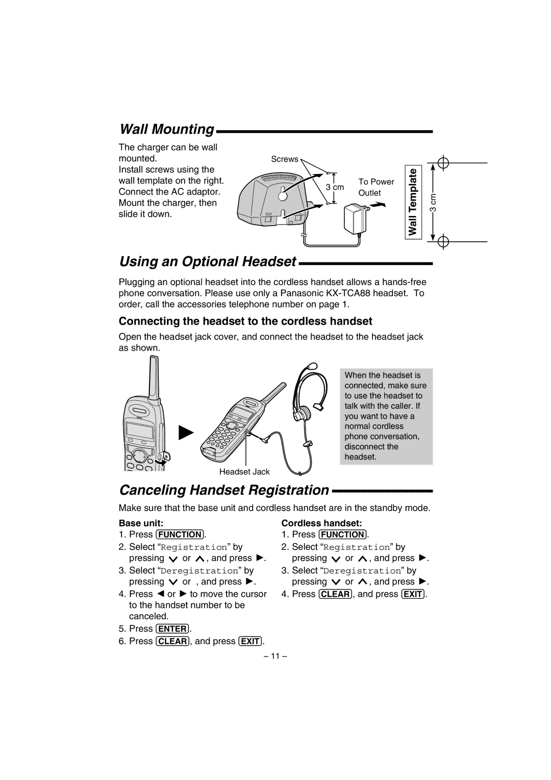 Panasonic KX-TGA200B operating instructions Wall Mounting, Using an Optional Headset, Canceling Handset Registration 