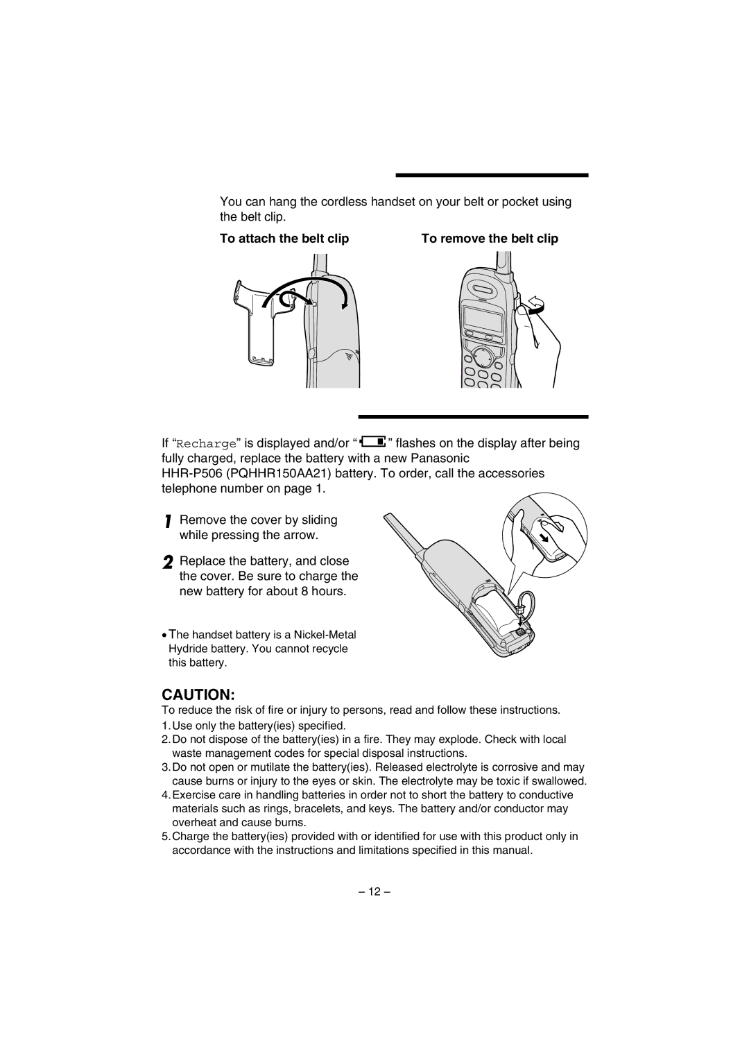 Panasonic KX-TGA200B operating instructions Using the Belt Clip, Battery Replacement, To attach the belt clip 