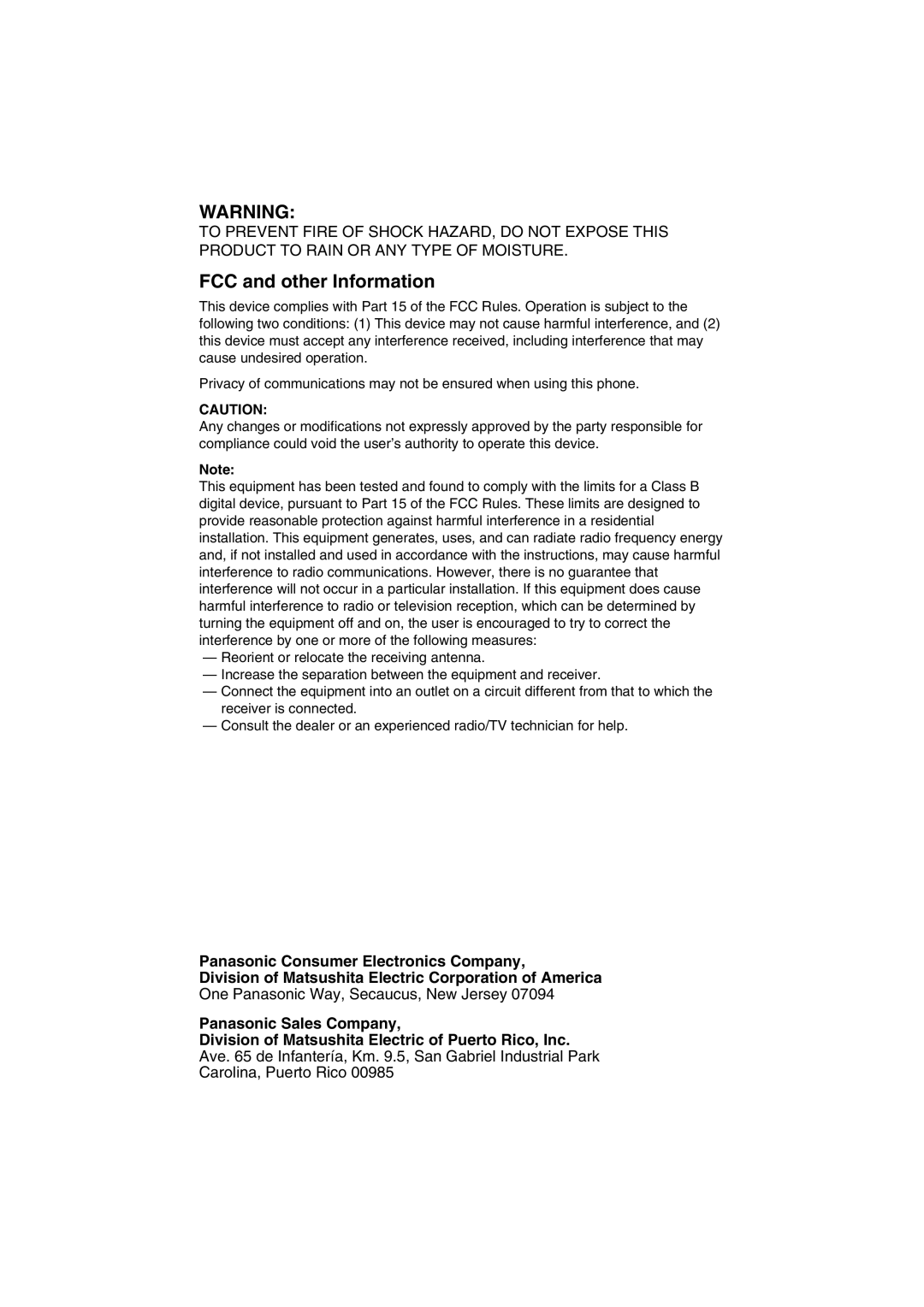 Panasonic KX-TGA200B operating instructions FCC and other Information 