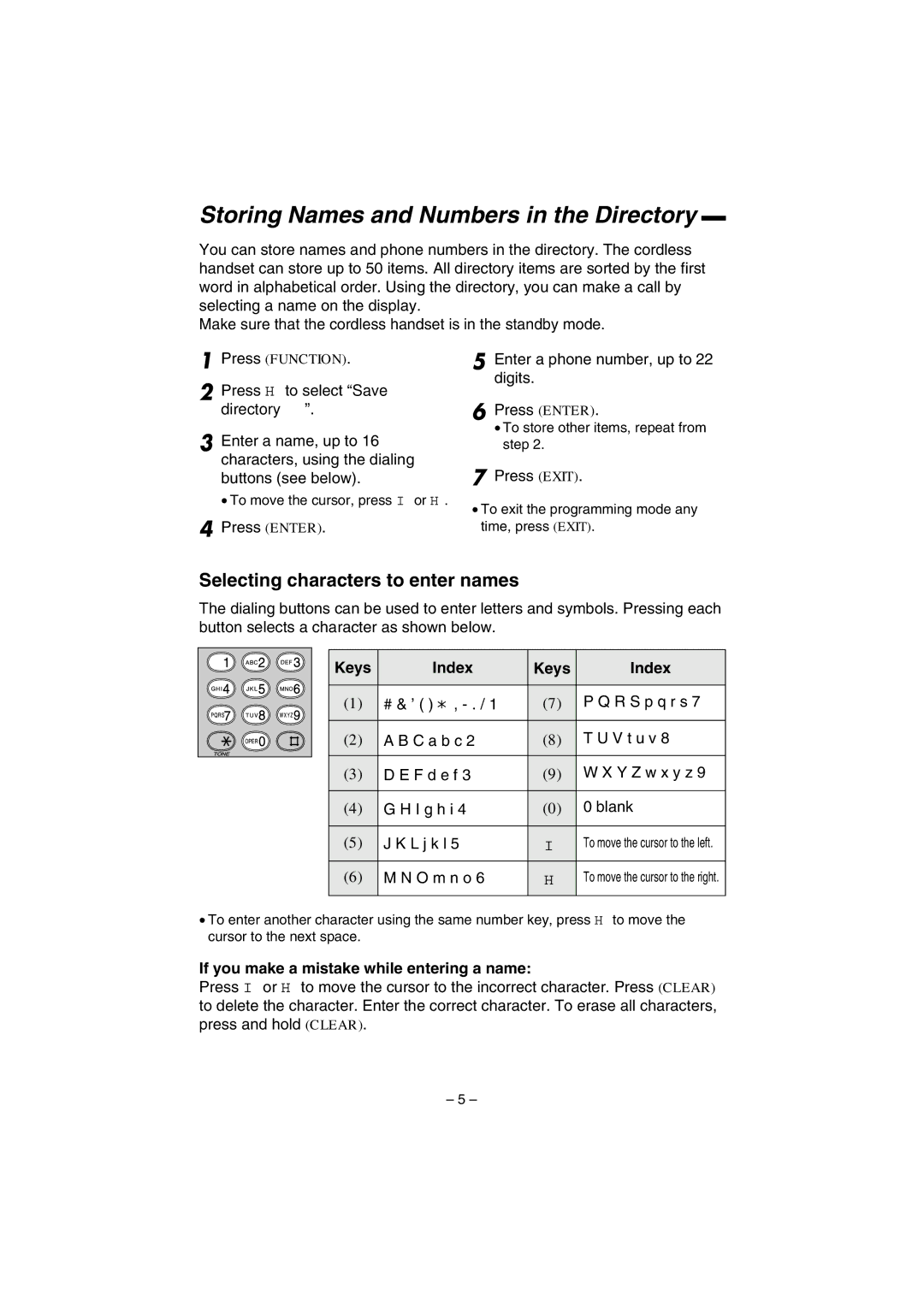 Panasonic KX-TGA200B Storing Names and Numbers in the Directory, Selecting characters to enter names, Keys Index 