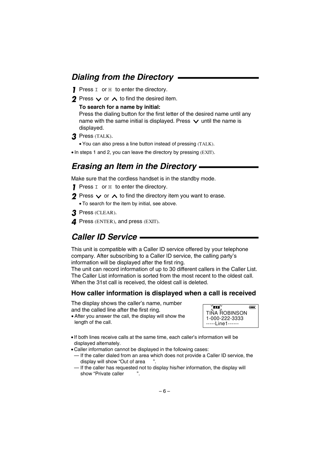 Panasonic KX-TGA200B operating instructions Dialing from the Directory, Erasing an Item in the Directory, Caller ID Service 