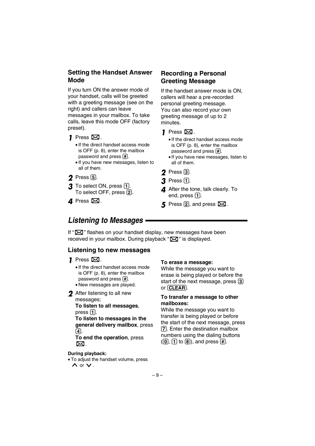 Panasonic KX-TGA200B Listening to Messages, Setting the Handset Answer Mode, Recording a Personal Greeting Message 