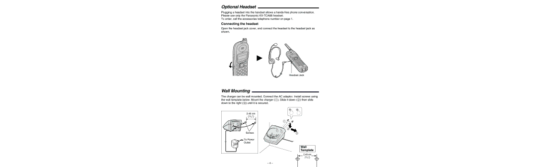 Panasonic KX-TGA230B, KX-TGA230W, Telephone, 391 installation manual Optional Headset, Wall Mounting, Connecting the headset 