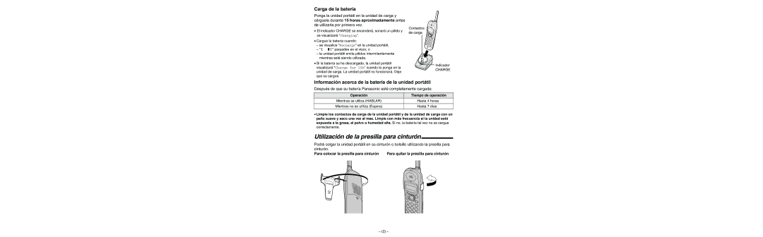 Panasonic KX-TGA230B Utilización de la presilla para cinturón, Carga de la batería, Para colocar la presilla para cinturón 