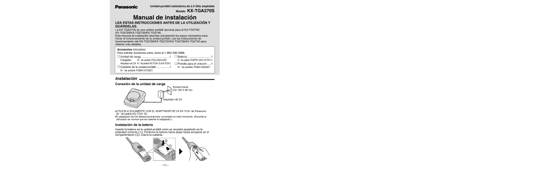 Panasonic KX-TGA270S installation manual Conexión de la unidad de carga, Instalación de la batería, Accesorios incluidos 