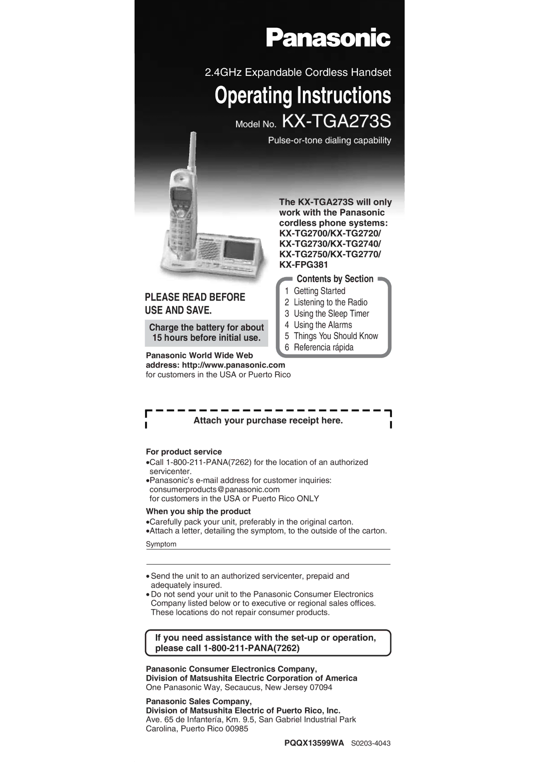 Panasonic KX-TGA273S operating instructions Operating Instructions, Contents by Section 