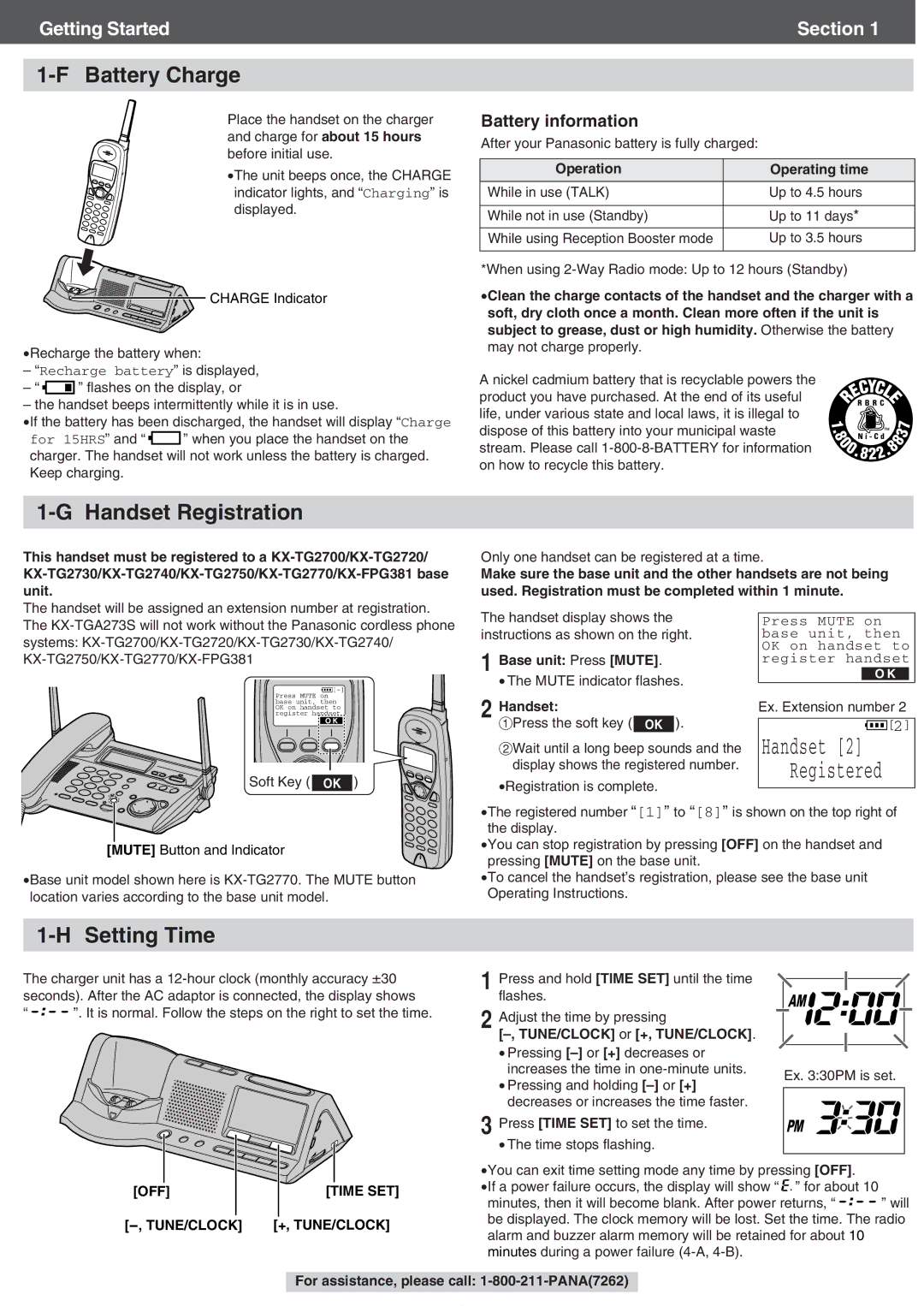 Panasonic KX-TGA273S operating instructions Battery Charge, Handset Registration, Setting Time, Battery information 