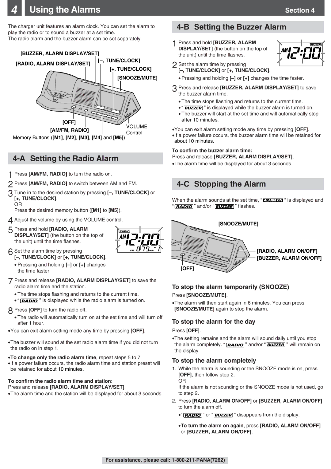 Panasonic KX-TGA273S Using the Alarms, Setting the Buzzer Alarm, Setting the Radio Alarm, Stopping the Alarm 