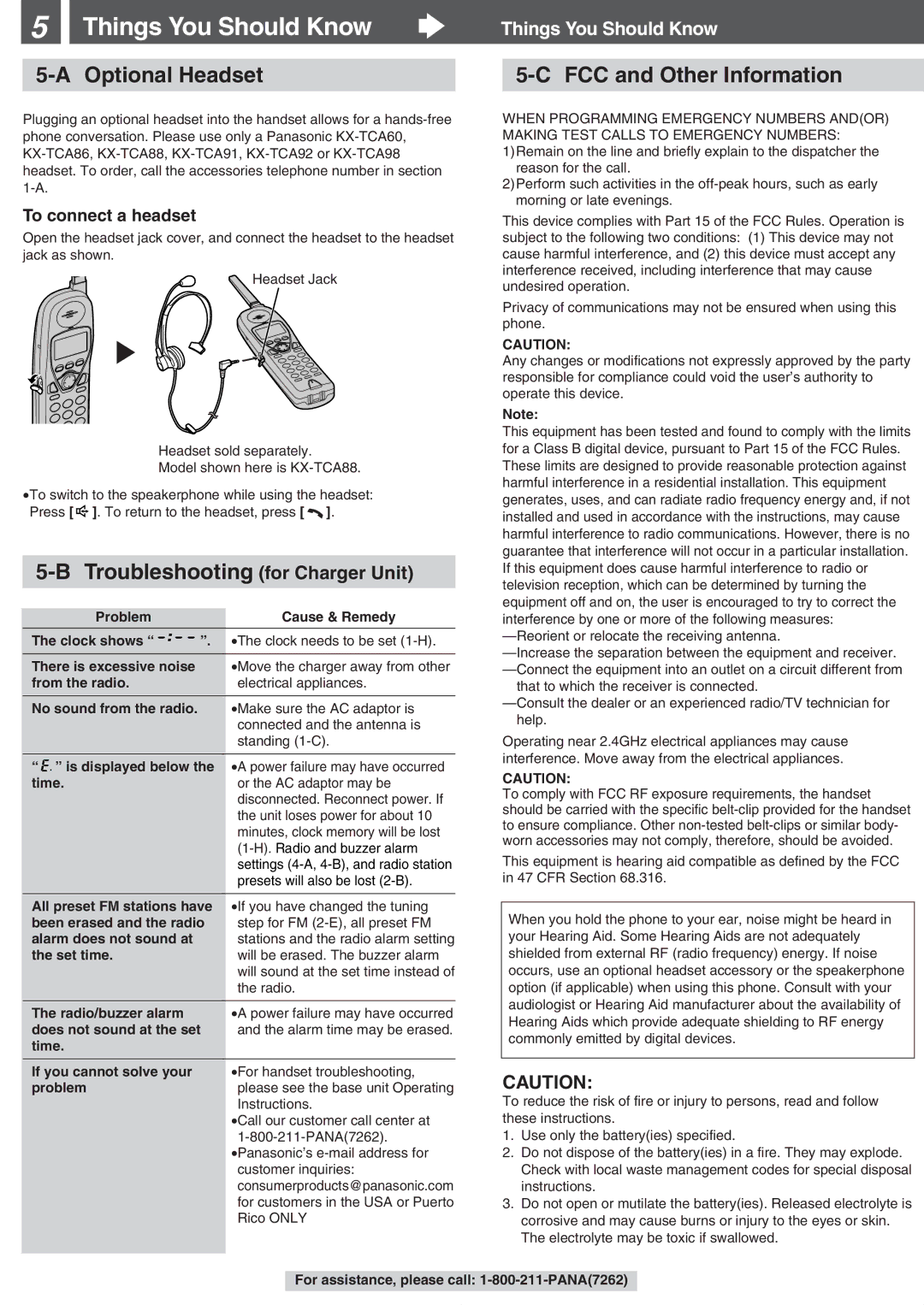 Panasonic KX-TGA273S Things You Should Know, Optional Headset, Troubleshooting for Charger Unit, FCC and Other Information 