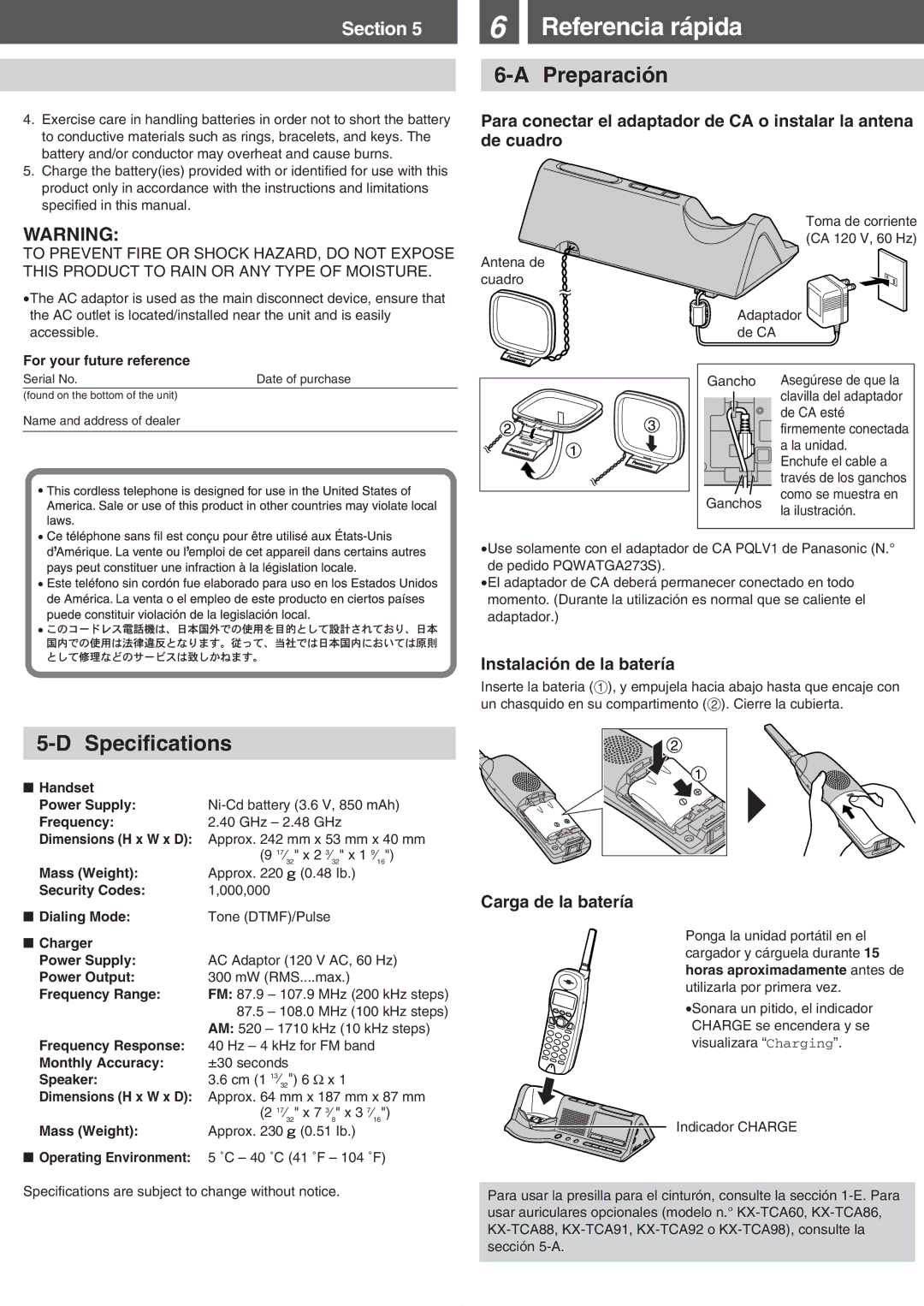 Panasonic KX-TGA273S Referencia rápida, Preparación, Specifications, Instalación de la batería, Carga de la batería 