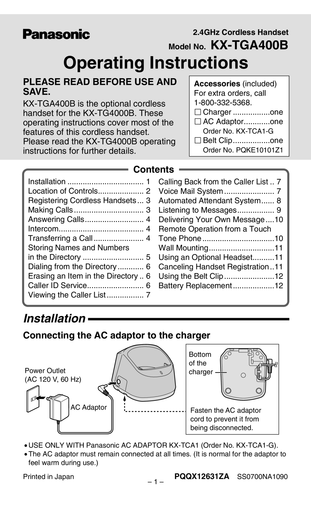 Panasonic KX-TGA400B operating instructions Installation, Contents, Connecting the AC adaptor to the charger 