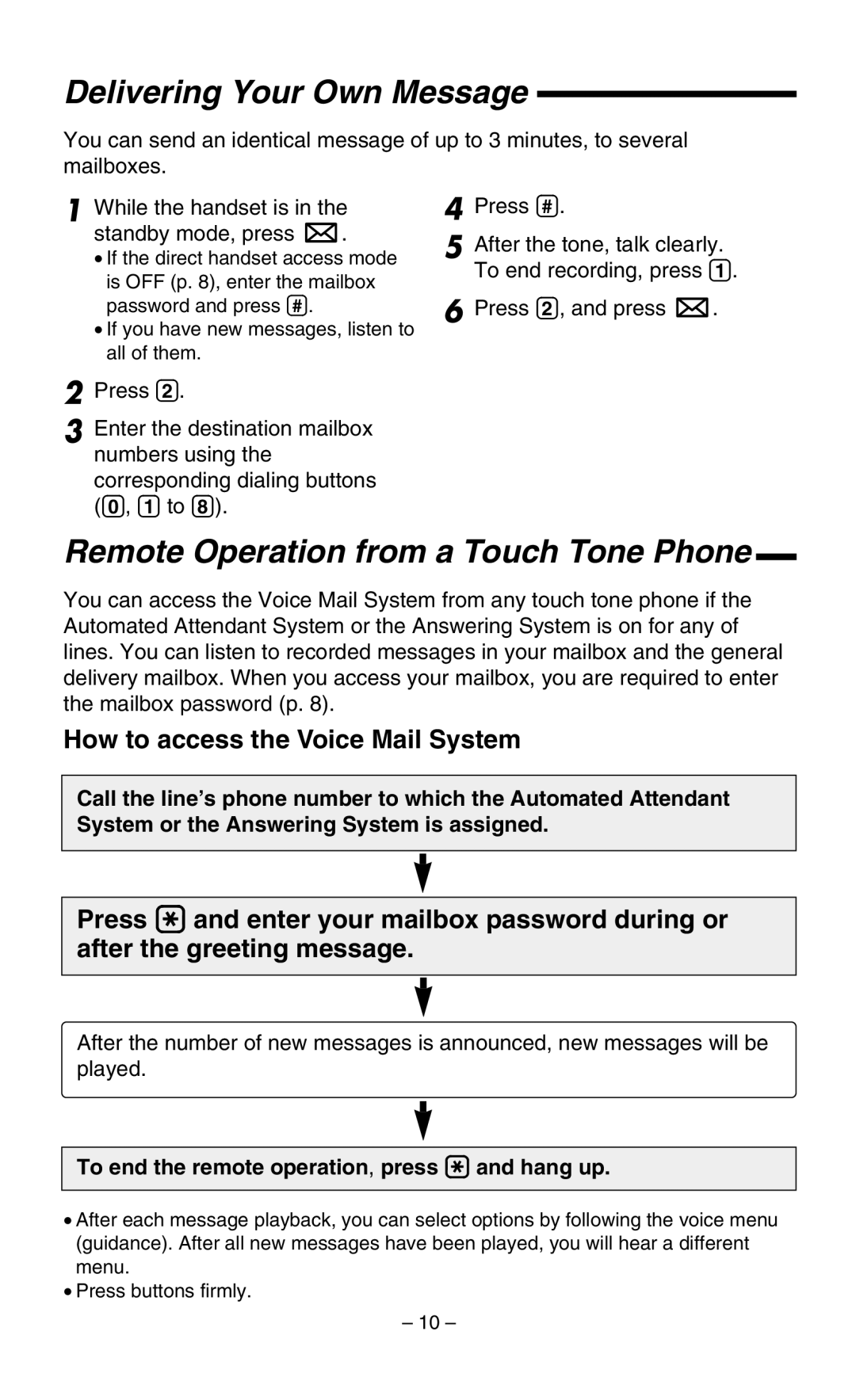 Panasonic KX-TGA400B operating instructions Delivering Your Own Message, Remote Operation from a Touch Tone Phone 