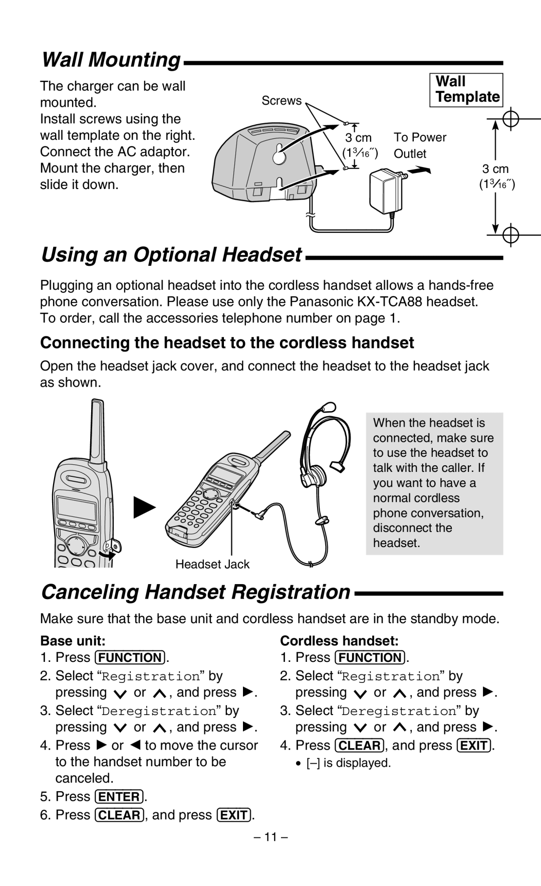 Panasonic KX-TGA400B operating instructions Wall Mounting, Using an Optional Headset, Canceling Handset Registration 