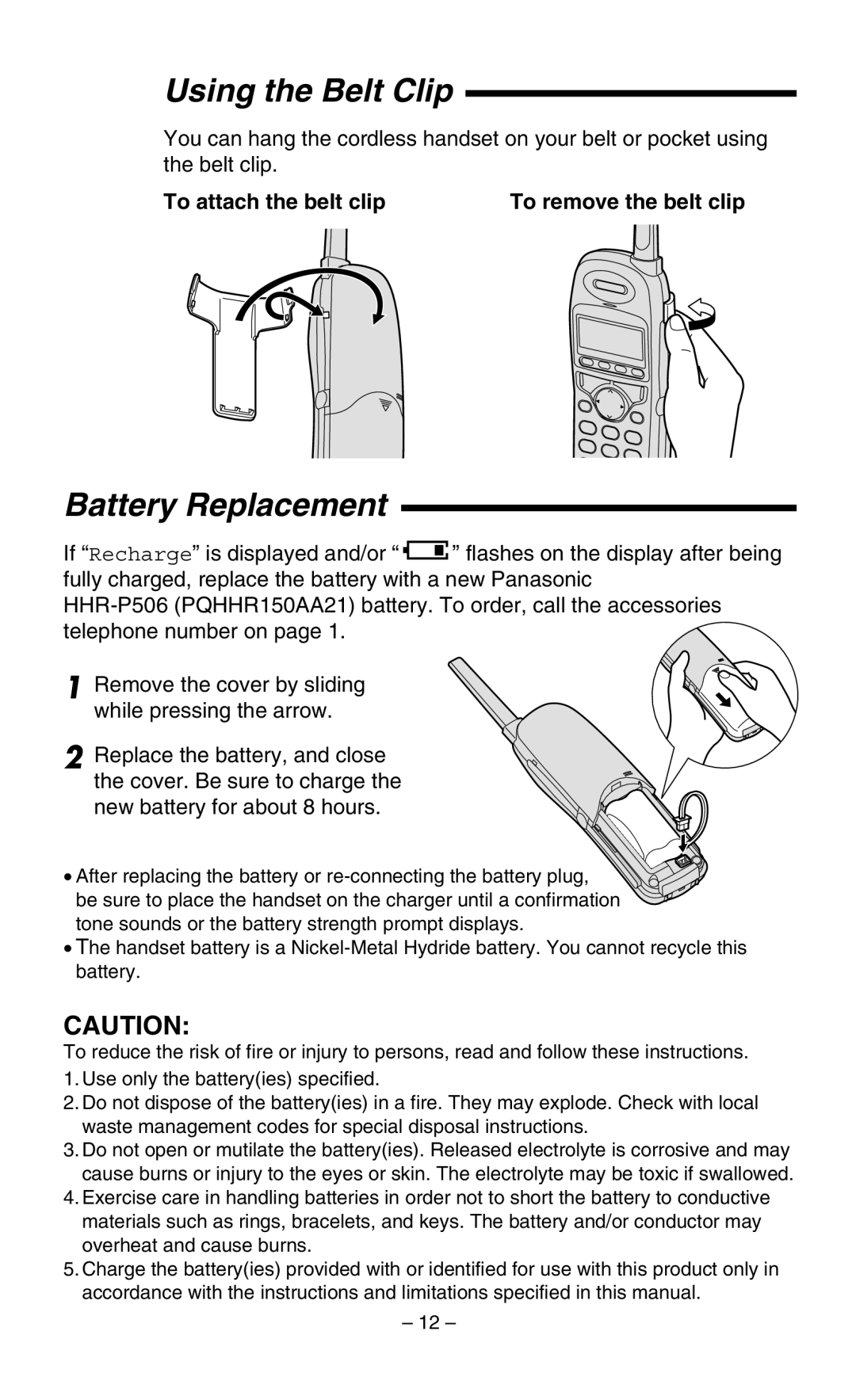 Panasonic KX-TGA400B operating instructions Using the Belt Clip, Battery Replacement, To attach the belt clip 