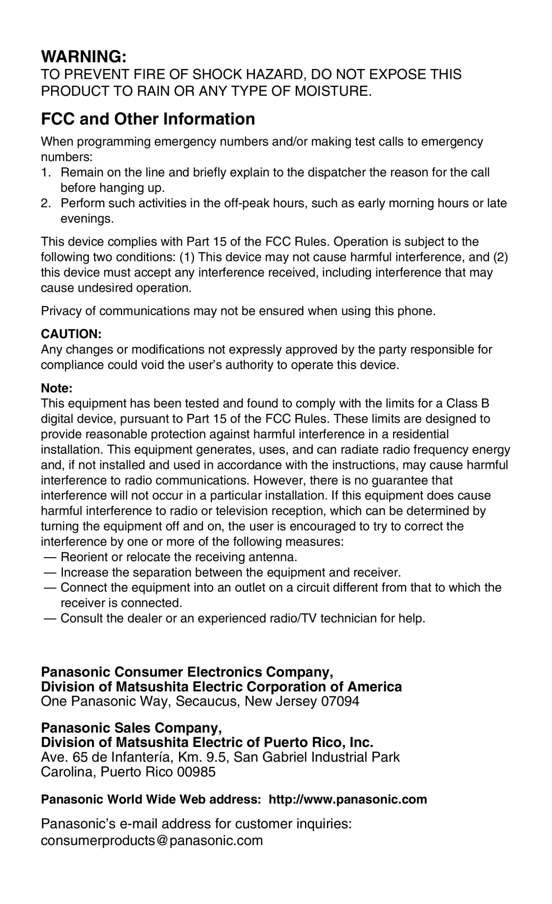 Panasonic KX-TGA400B operating instructions FCC and Other Information 