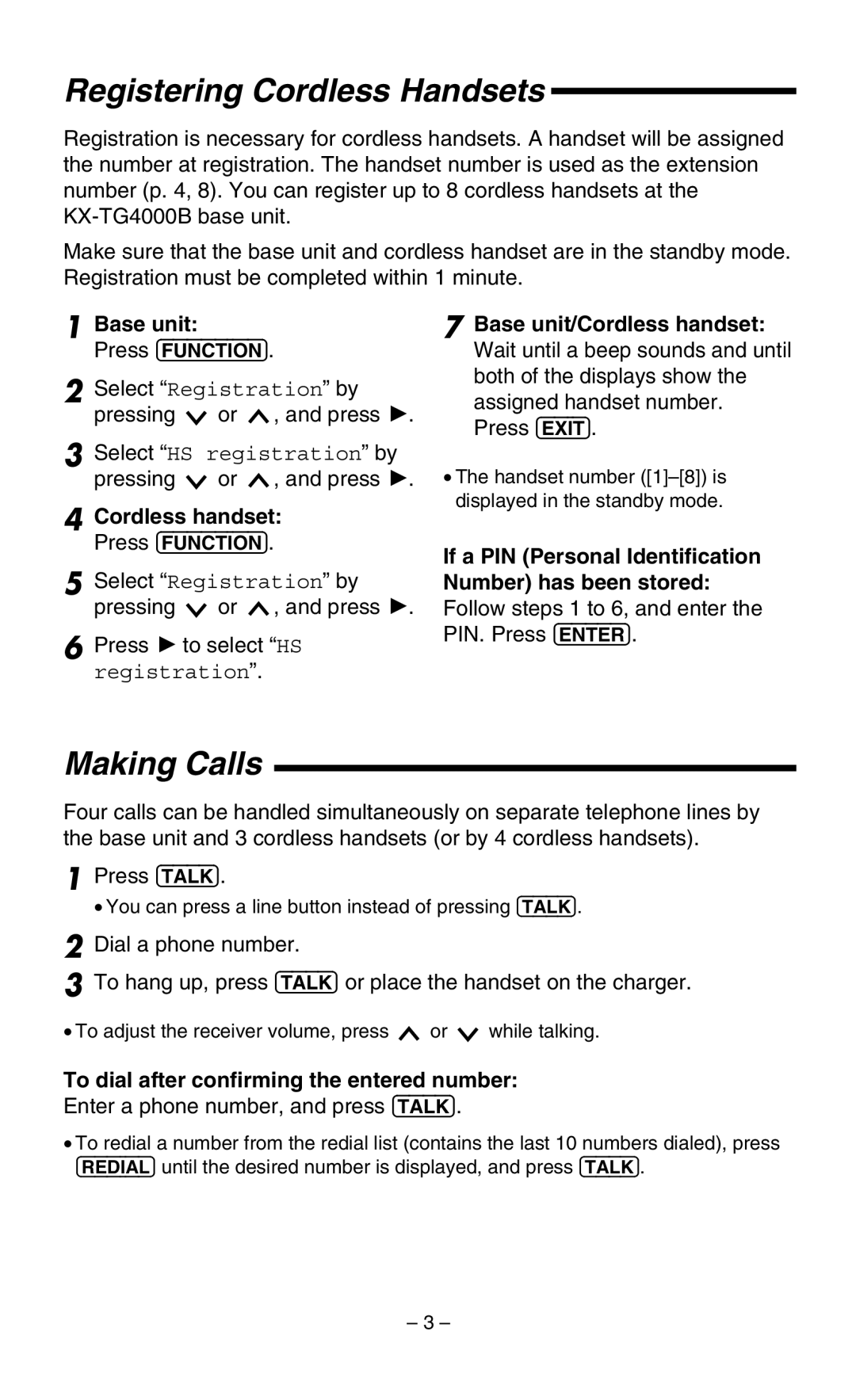 Panasonic KX-TGA400B operating instructions Registering Cordless Handsets, Making Calls 