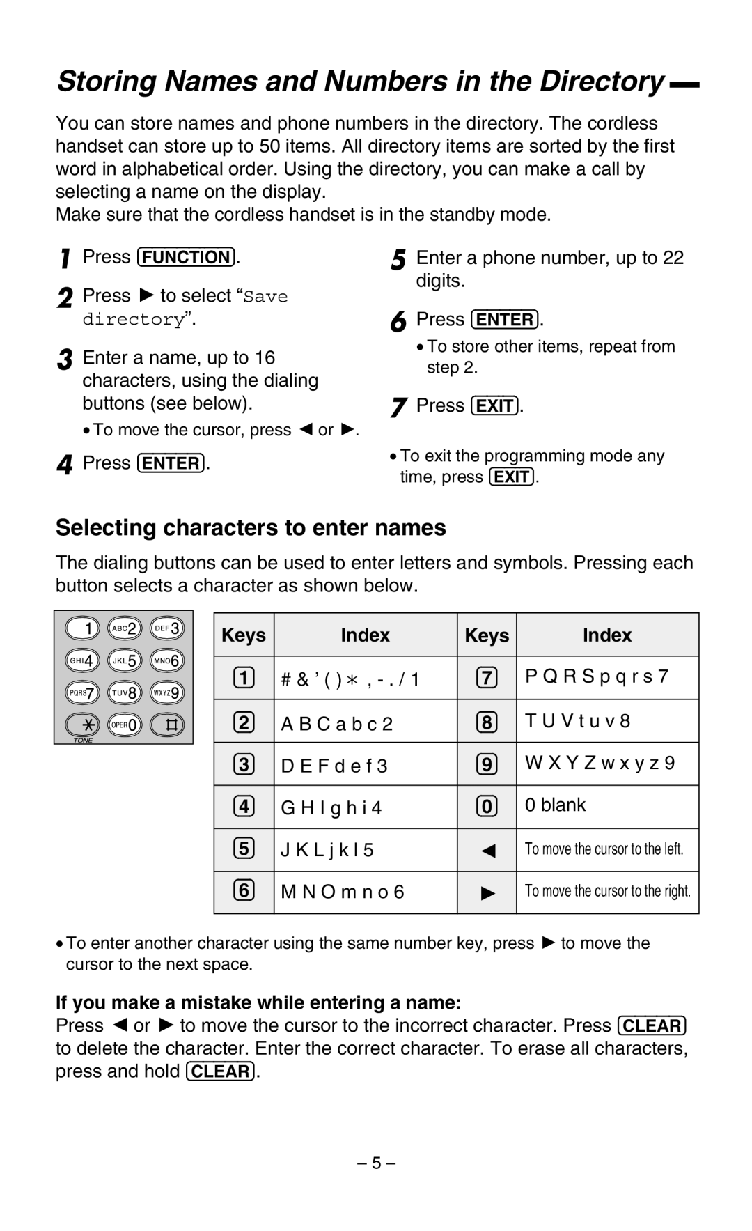 Panasonic KX-TGA400B Storing Names and Numbers in the Directory, Selecting characters to enter names, Keys Index 