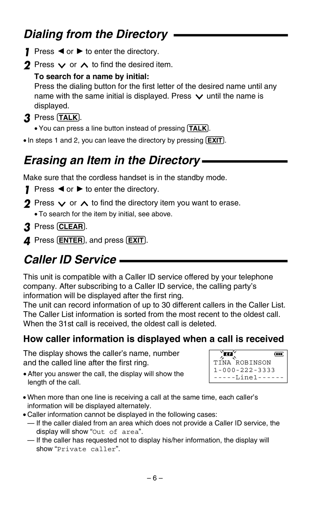 Panasonic KX-TGA400B operating instructions Dialing from the Directory, Erasing an Item in the Directory, Caller ID Service 