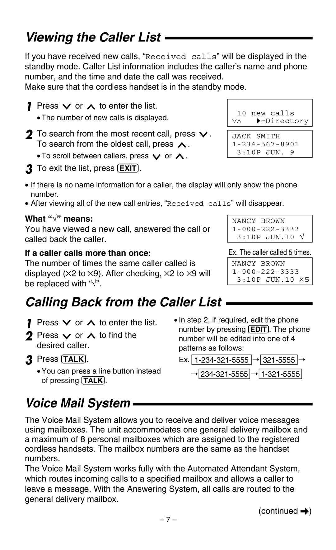 Panasonic KX-TGA400B Viewing the Caller List, Calling Back from the Caller List, Voice Mail System, What √ means 