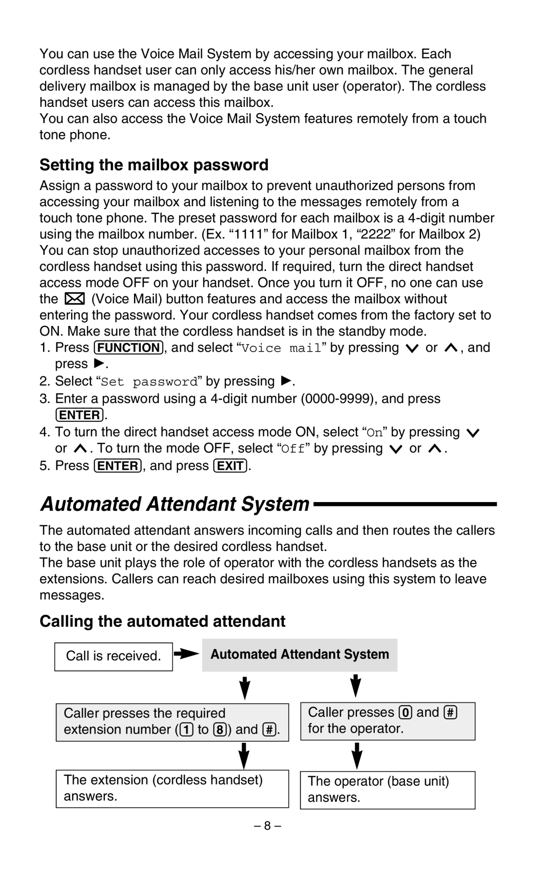 Panasonic KX-TGA400B Automated Attendant System, Setting the mailbox password, Calling the automated attendant 