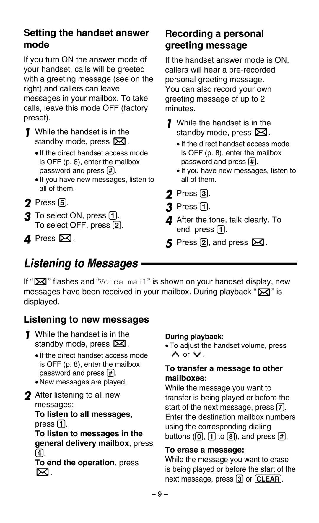 Panasonic KX-TGA400B Listening to Messages, Setting the handset answer mode, Recording a personal greeting message 