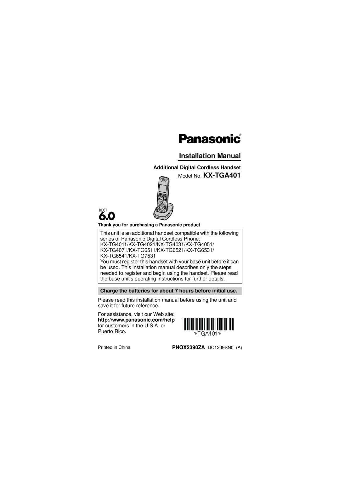 Panasonic KX-TGA401B, KX-TG6521 installation manual Installation Manual, Thank you for purchasing a Panasonic product 