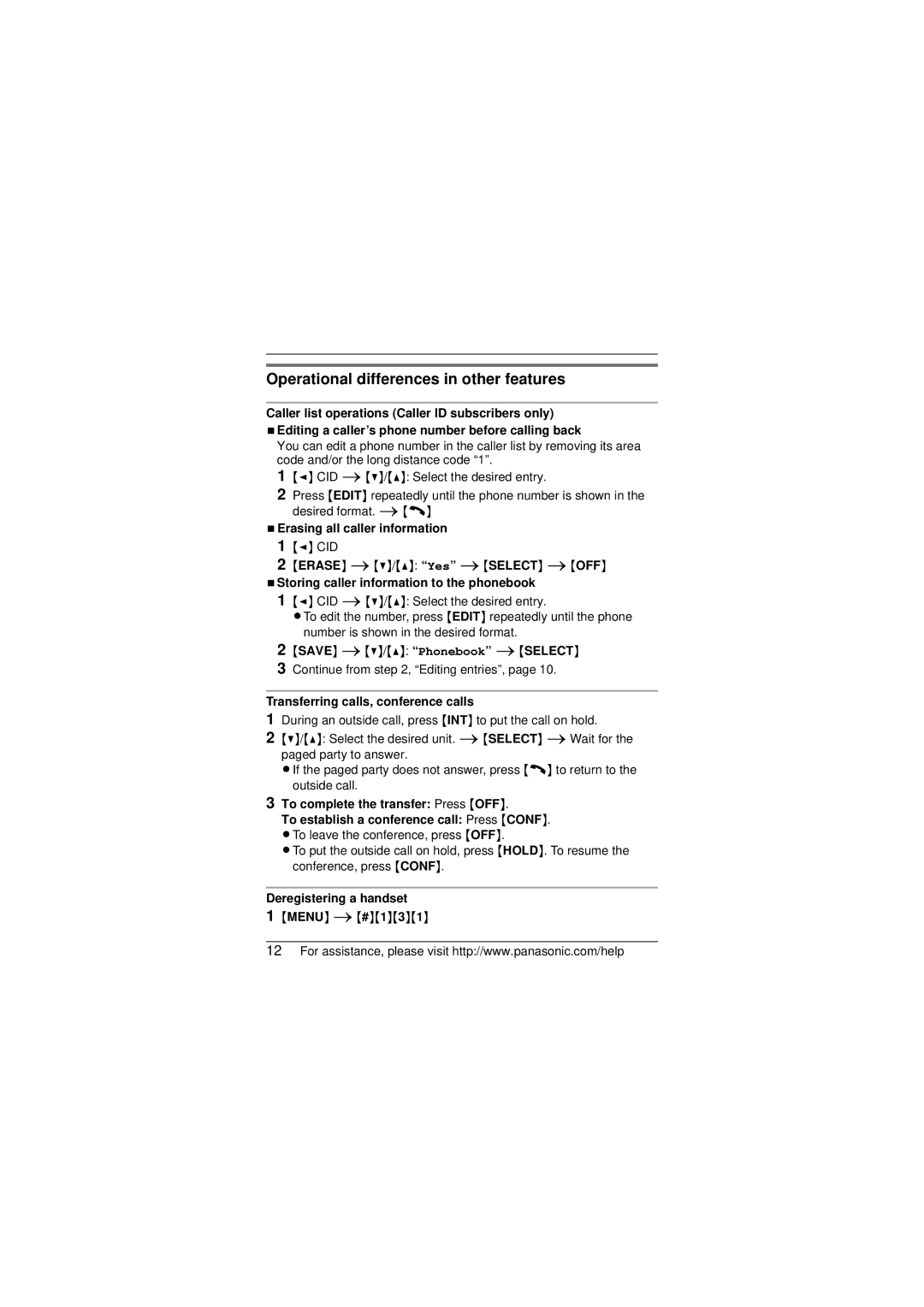 Panasonic KX-TG6521 Operational differences in other features, NErasing all caller information, Deregistering a handset 